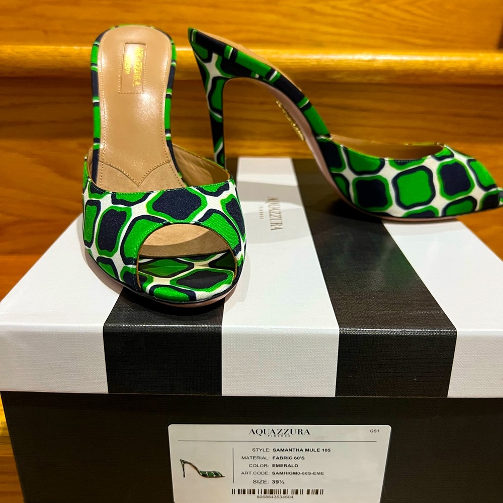 Aquazzura Samantha Mule 105 Emerald Green and Blue. Sz 39.5 New w/ Box & Duster
